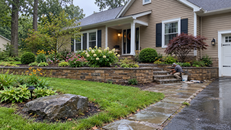 Fresh stone steps, retaining wall and stone walkway in front of a tan house